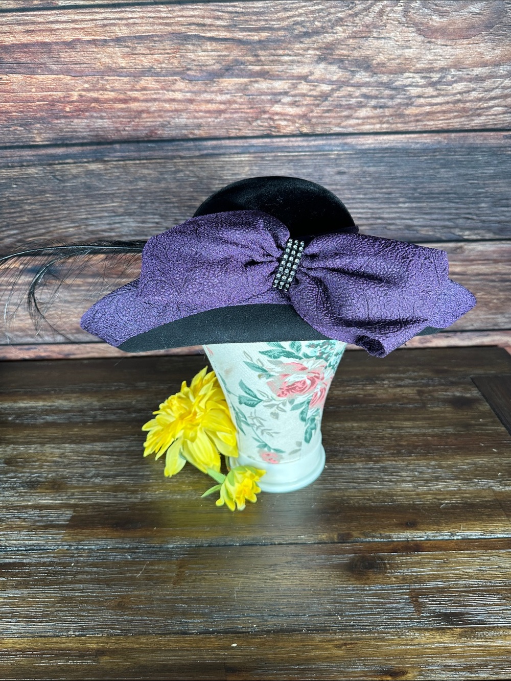Donnavinci Black Velvet Wool Women's Hat with Purple Bow & Long Feather Accent